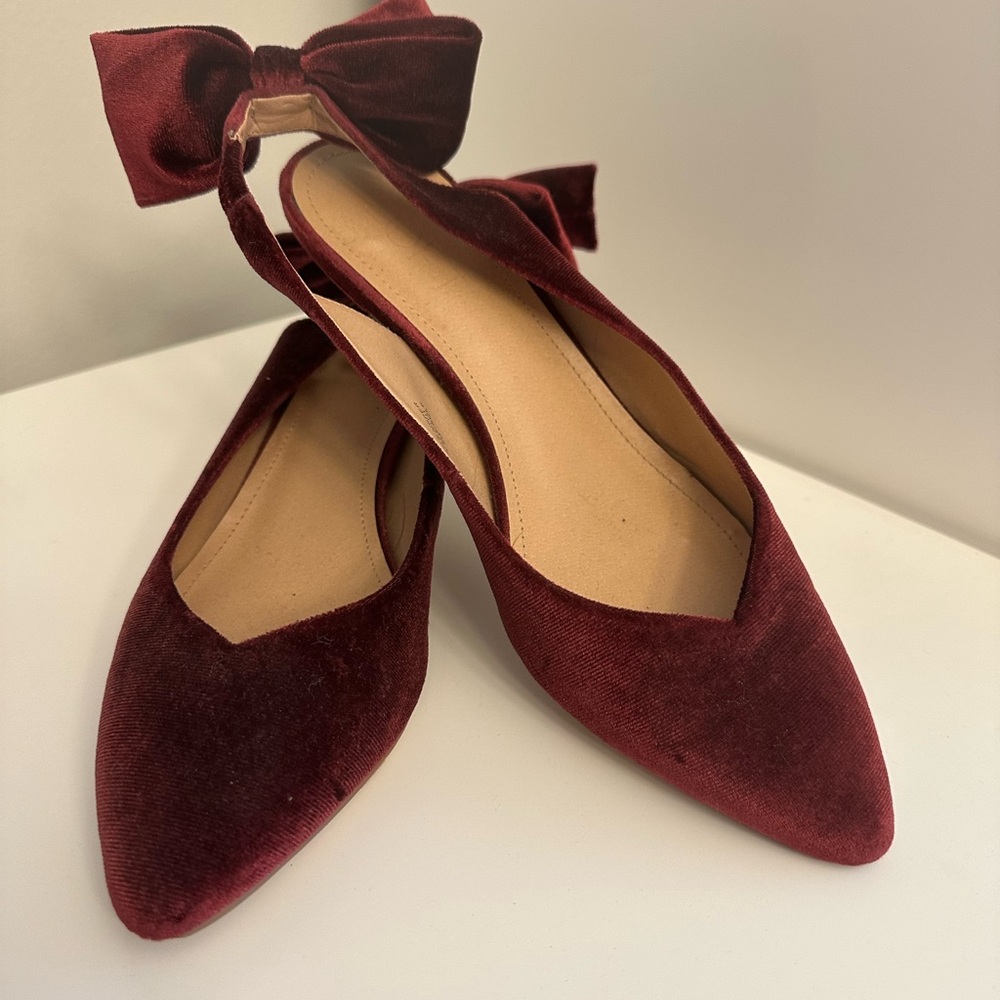 LOFT Red Velvet Heels with Bow Detail